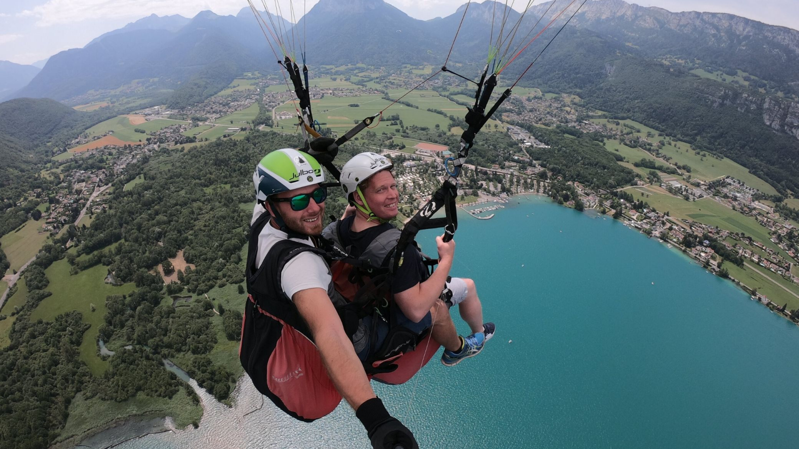 paragliding flight above the lake