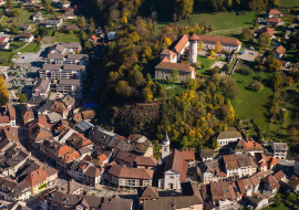 Aerial view of Faverges castle and the urban heritage