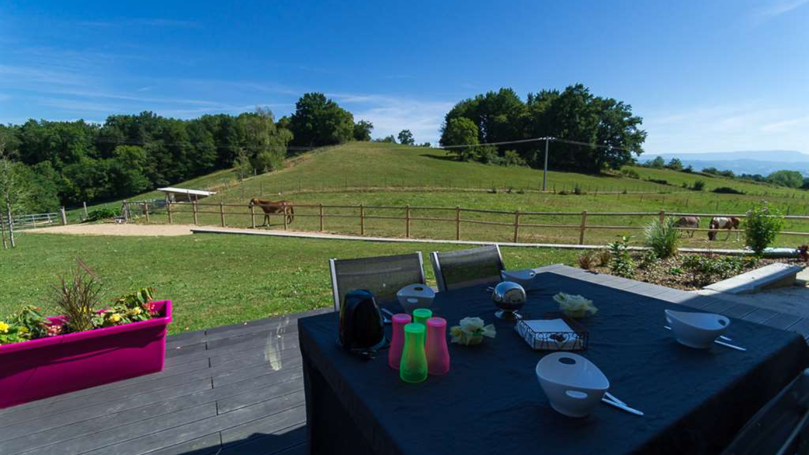 En vous installant le matin sur la terrasse, vous aurez le plaisir profiter d'une vue magnifique et de la compagnie de nos chevaux