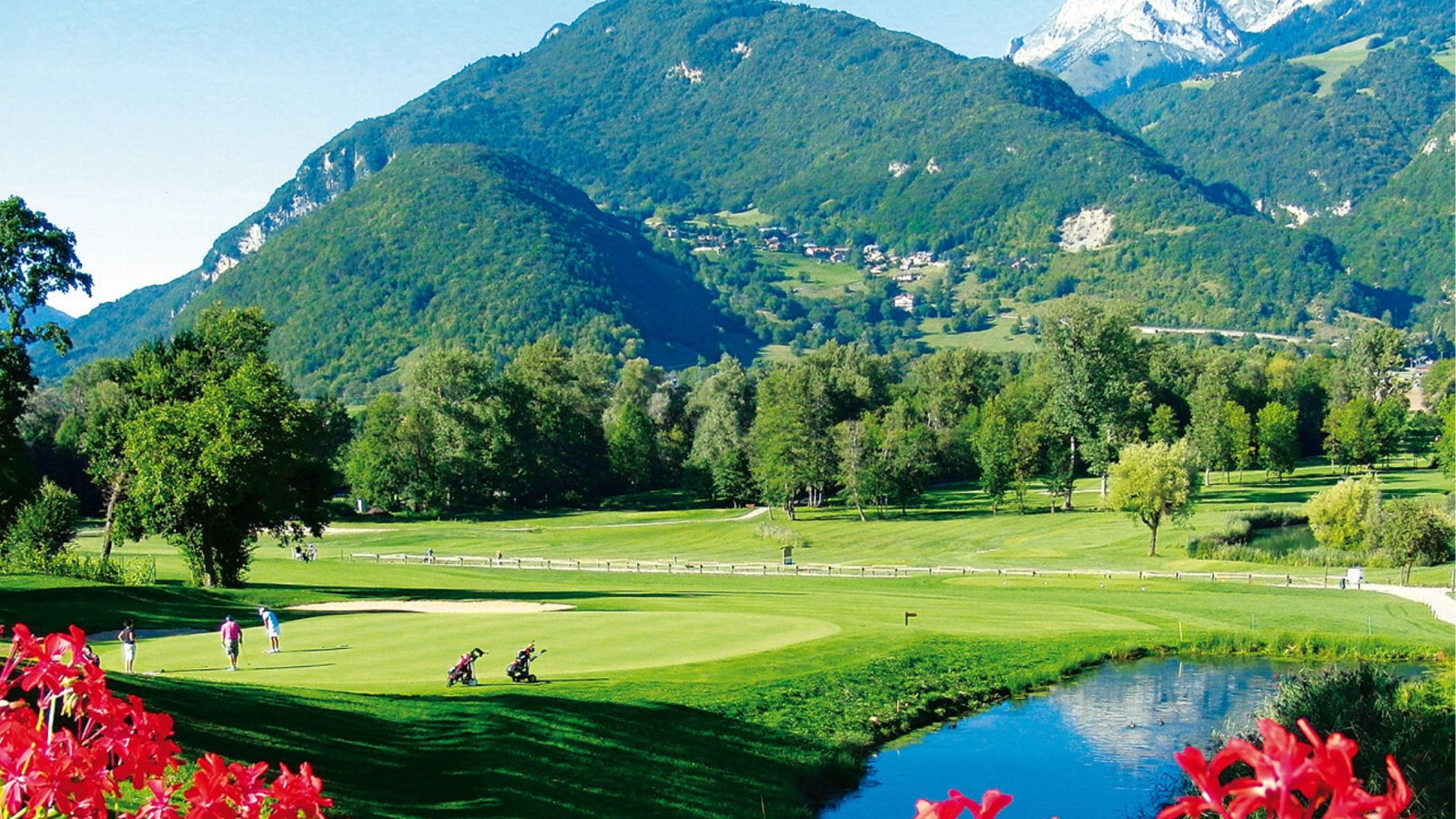 pond flowers and mountains golf