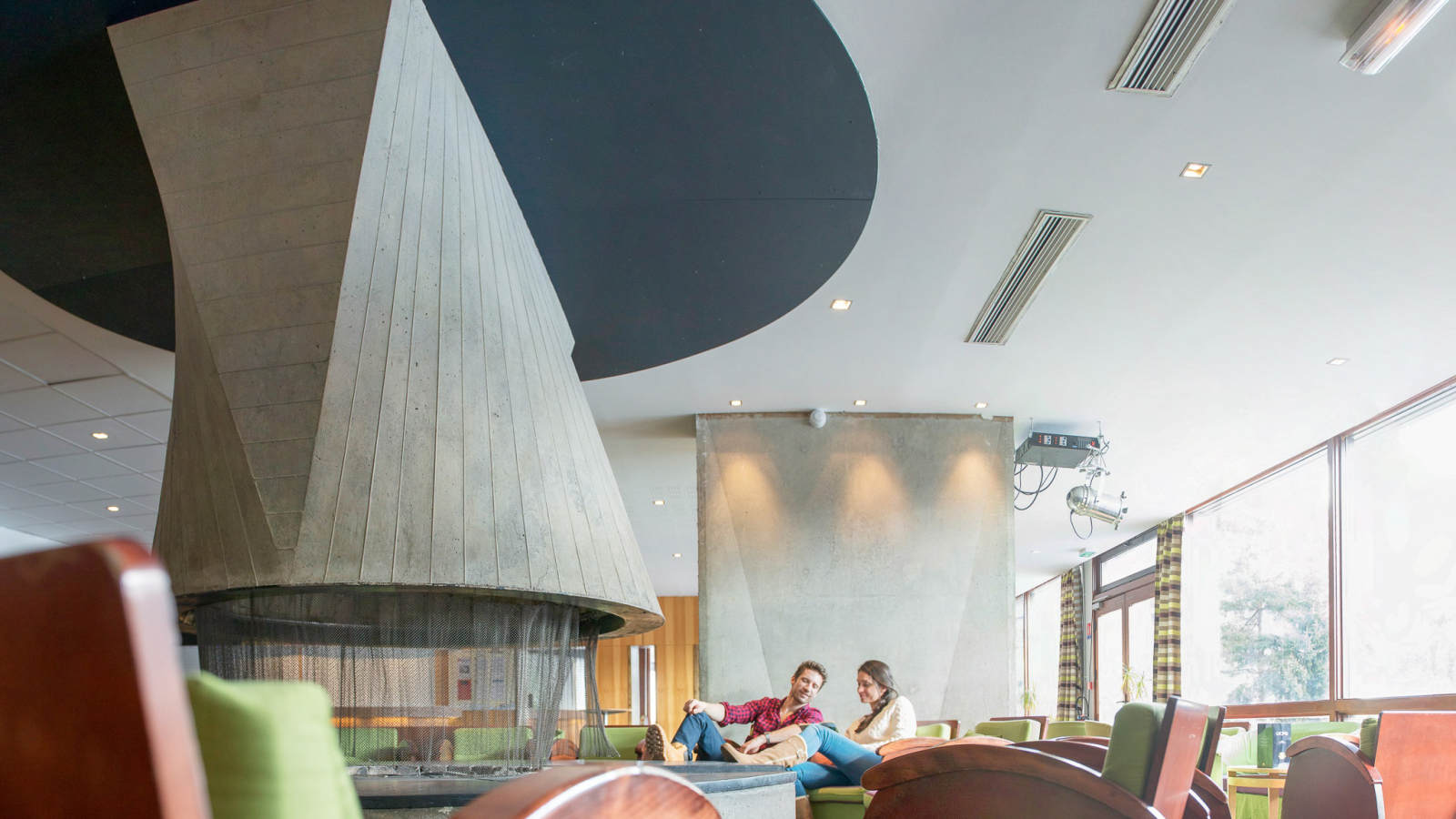 The Bauhaus-style fireplace at UCPA Les Lindars, located on the first floor in the communal lobby